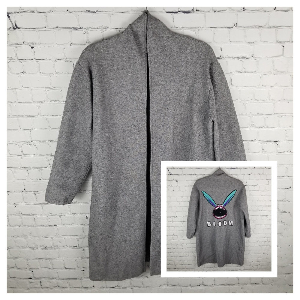 Heavy knit embroidered alien large flying eye "booom" open cardigan